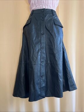 Banana Republic Black Faux Leather A-Line Skirt with Button Front